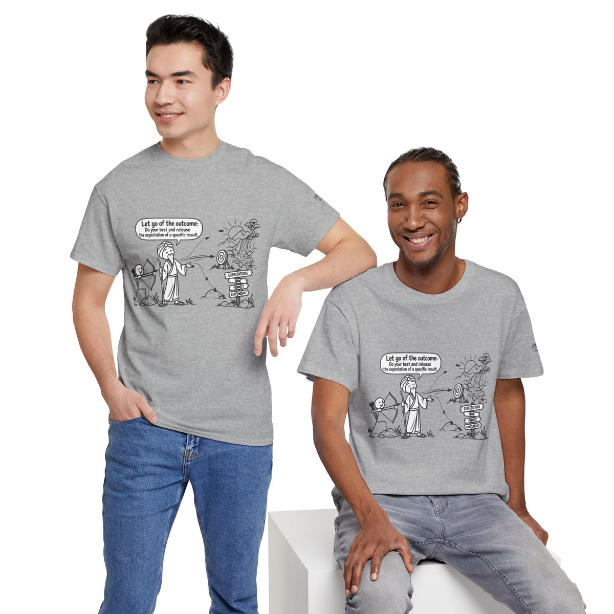 T-Shirt — Cartoon Zen Comic: "Let go of the outcome" Mindfulness Tee