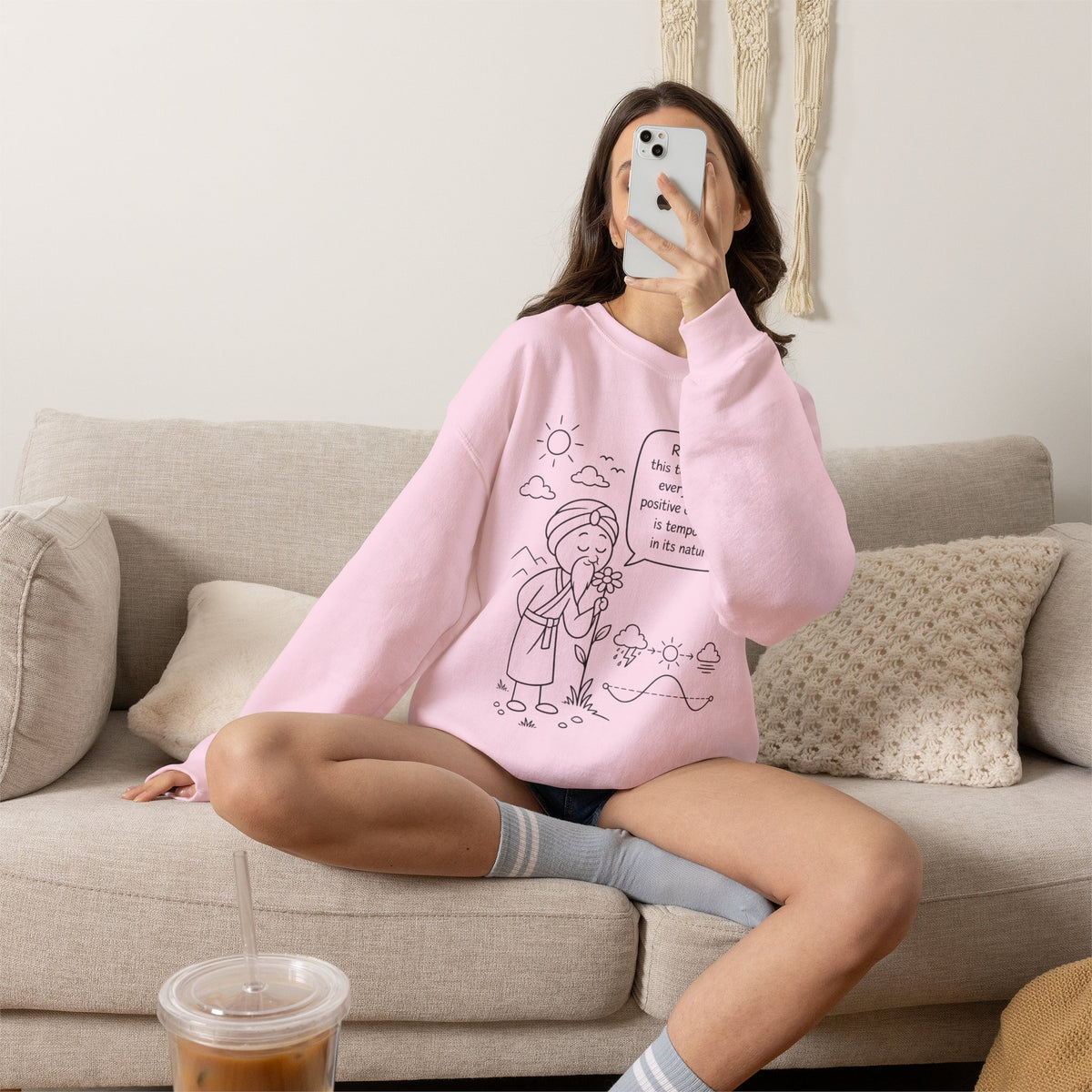 Inspirational Quote Crewneck Sweatshirt — "Remember this too shall pass" Minimal Line Art