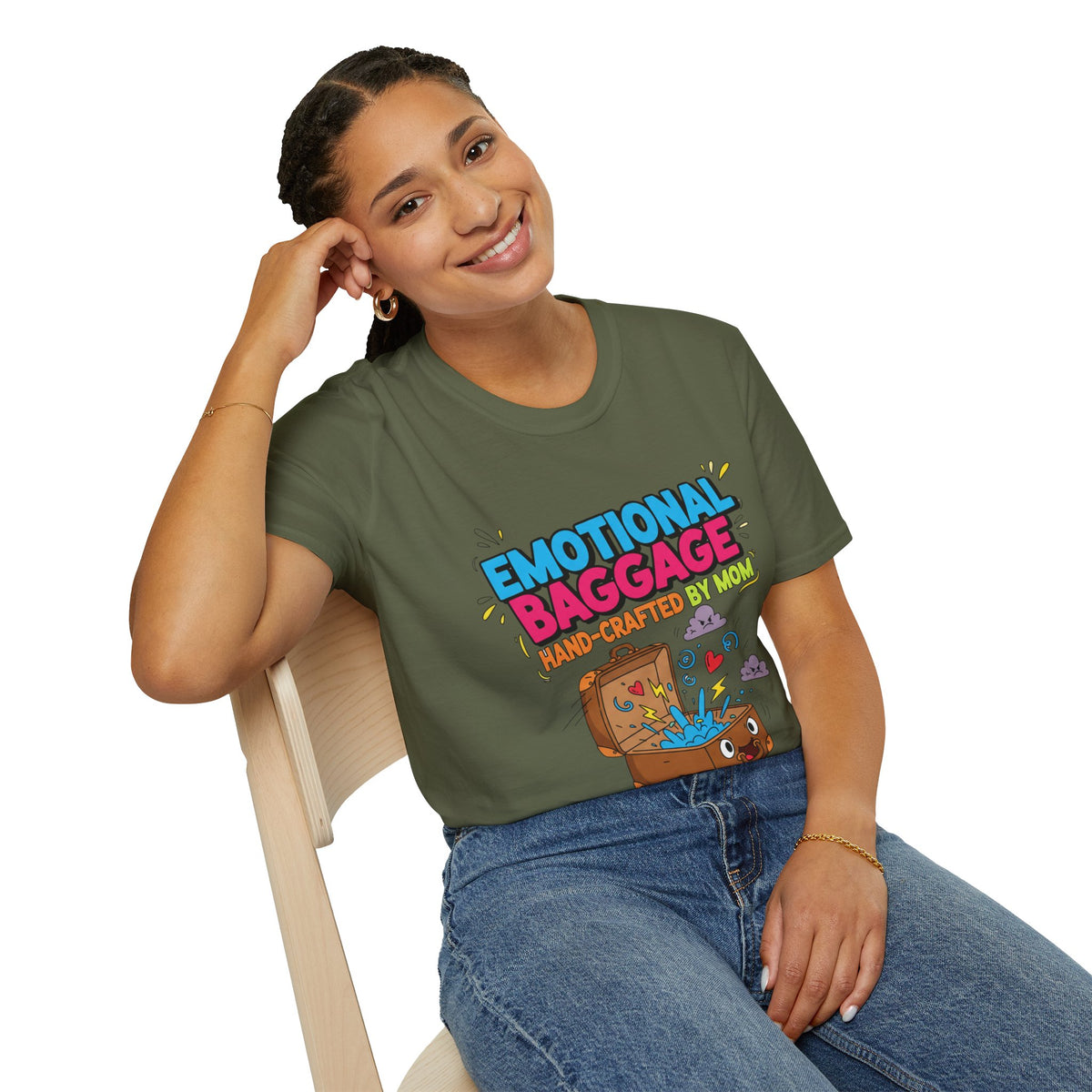 "Emotional Baggage T-Shirt — Hand-Crafted by Mom" Cute Cartoon Luggage Tee