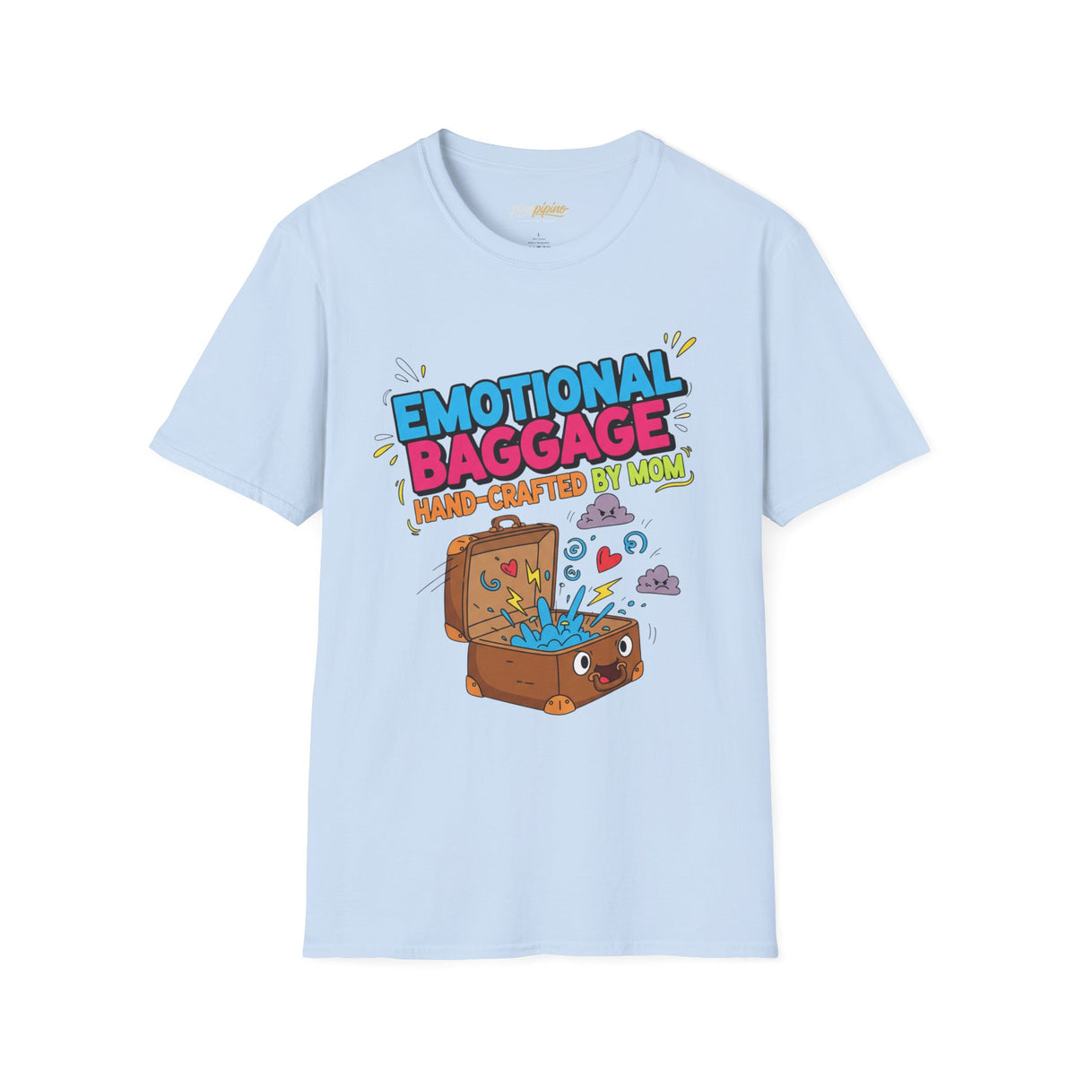 "Emotional Baggage T-Shirt — Hand-Crafted by Mom" Cute Cartoon Luggage Tee