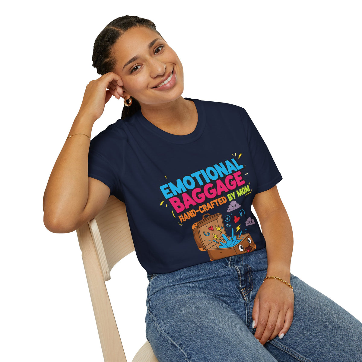 "Emotional Baggage T-Shirt — Hand-Crafted by Mom" Cute Cartoon Luggage Tee
