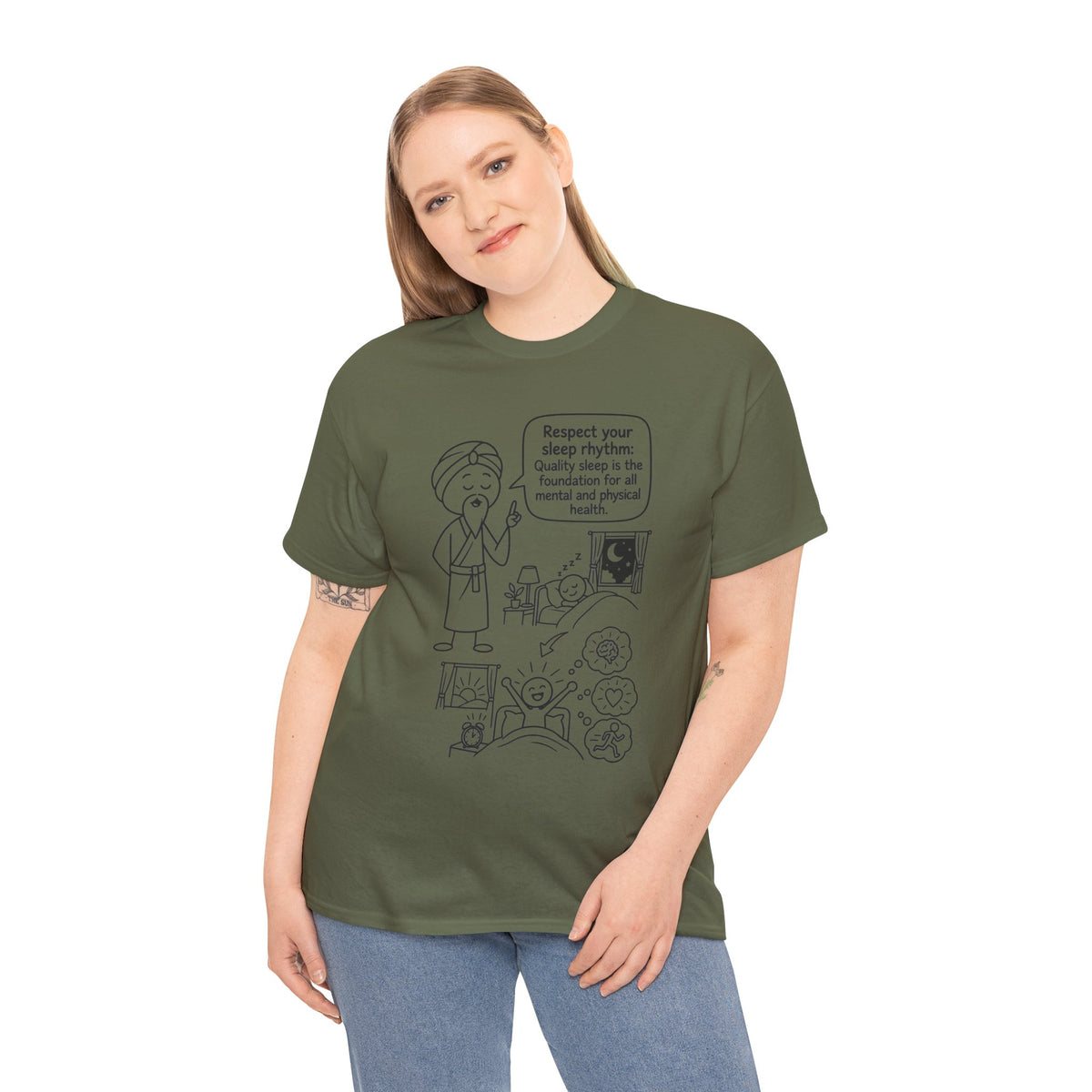 Yoga Philosophy Graphic Tee — "Respect Your Sleep Rhythm" Mindful Illustration T-Shirt