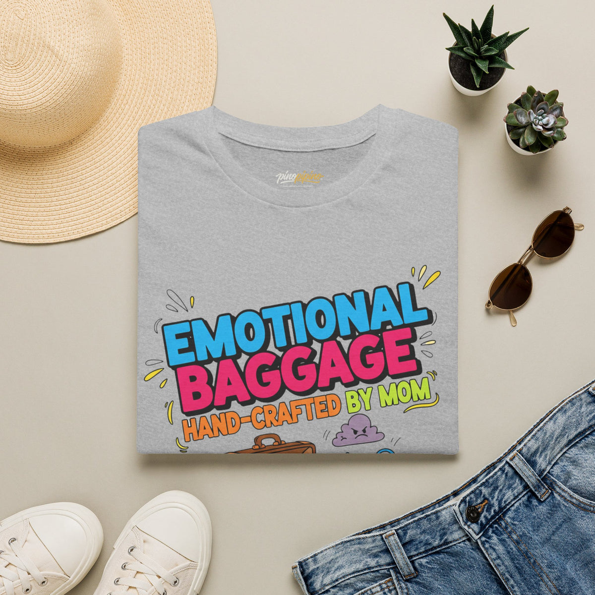 "Emotional Baggage T-Shirt — Hand-Crafted by Mom" Cute Cartoon Luggage Tee