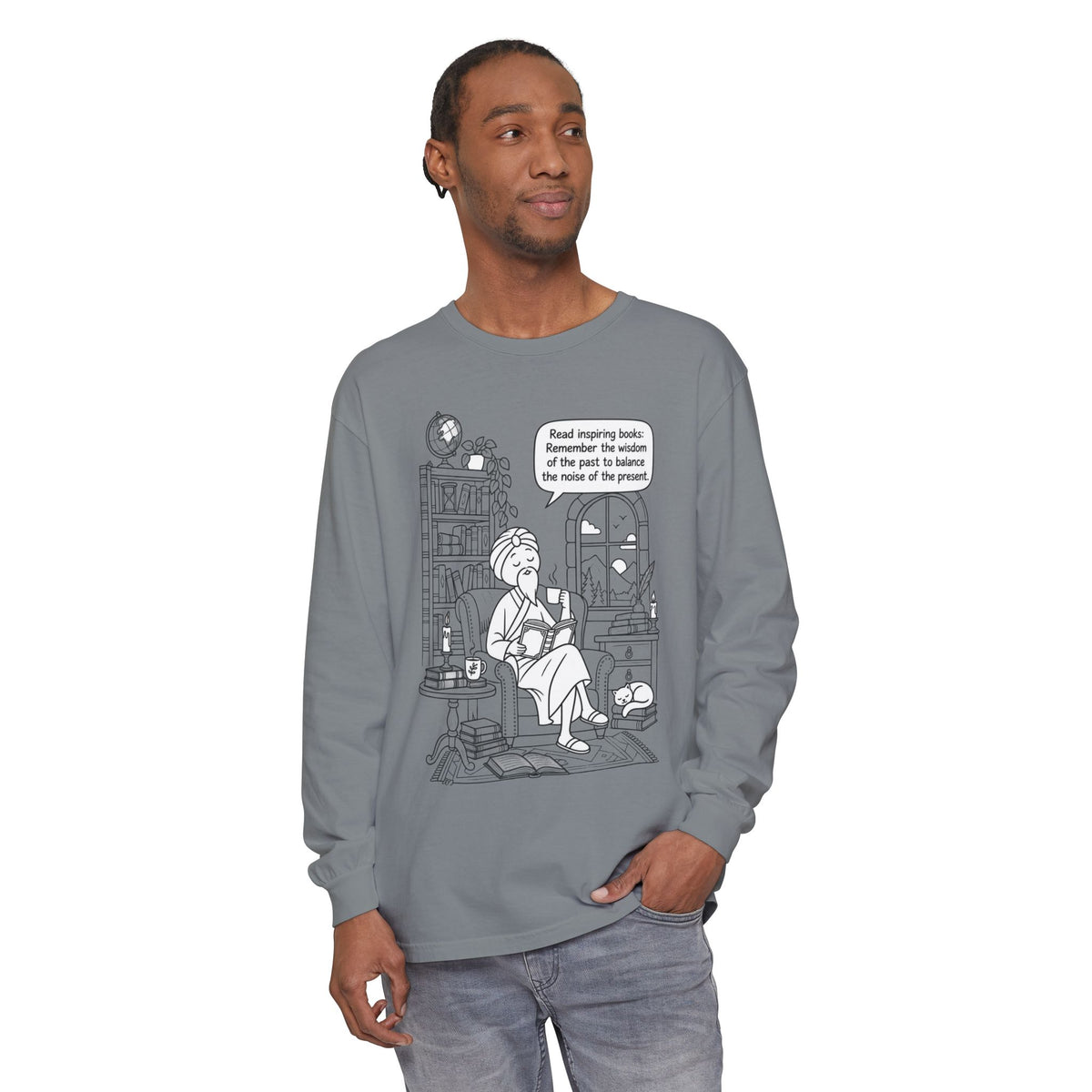 “Read inspiring books…” - Long Sleeve T‑Shirt — Cozy Reading Nook Design