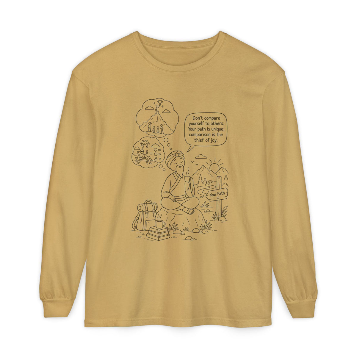 Hiker Comic Long Sleeve Tee — "Don’t Compare Yourself" Inspirational Outdoor Shirt