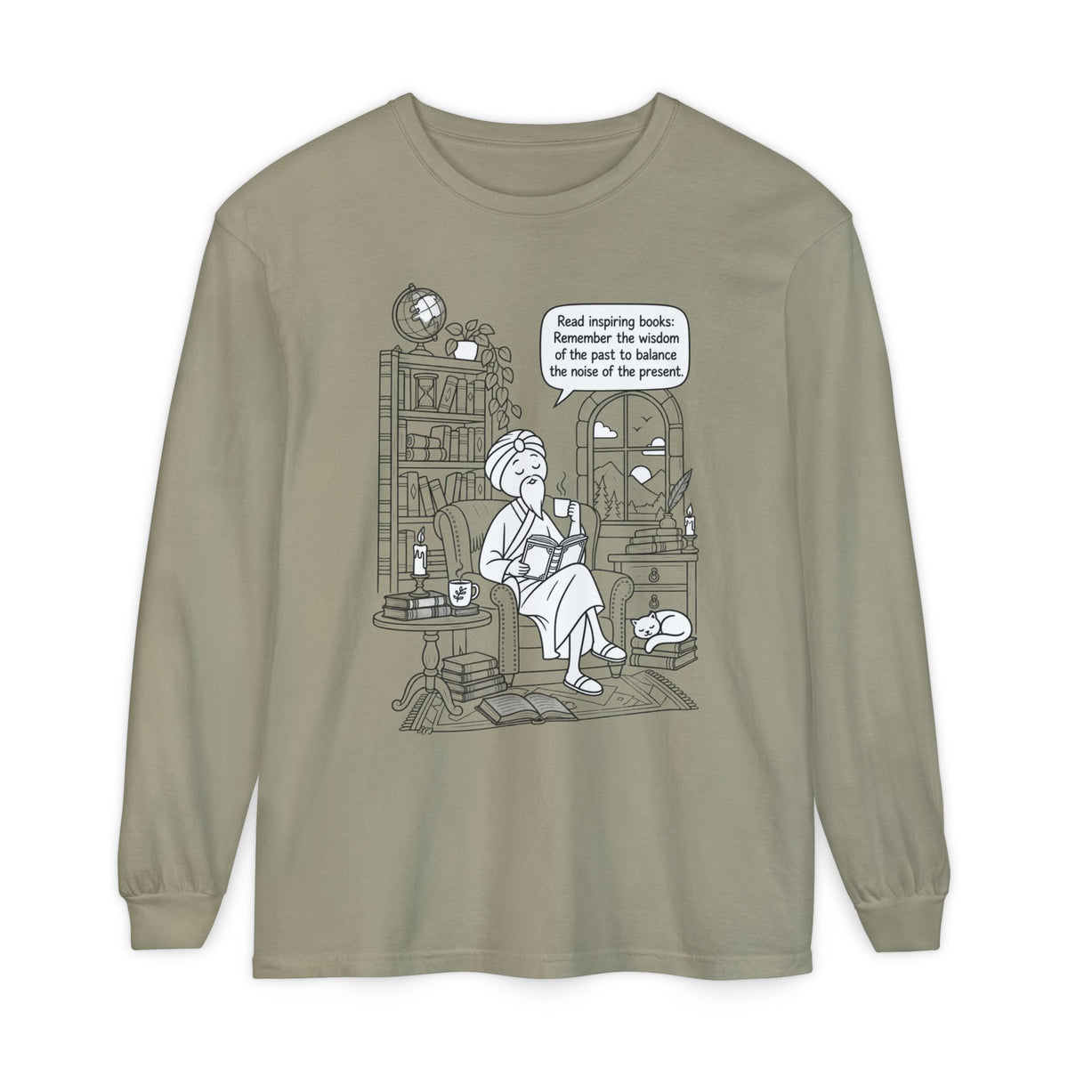 “Read inspiring books…” - Long Sleeve T‑Shirt — Cozy Reading Nook Design