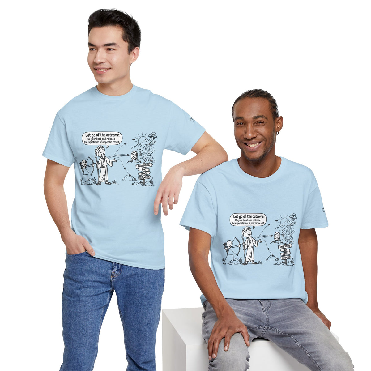 T-Shirt — Cartoon Zen Comic: "Let go of the outcome" Mindfulness Tee