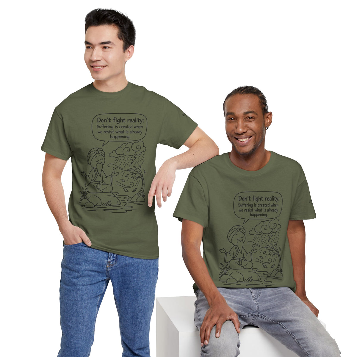 "Don't Fight Reality" Graphic T‑Shirt, Meditation Cartoon Tee