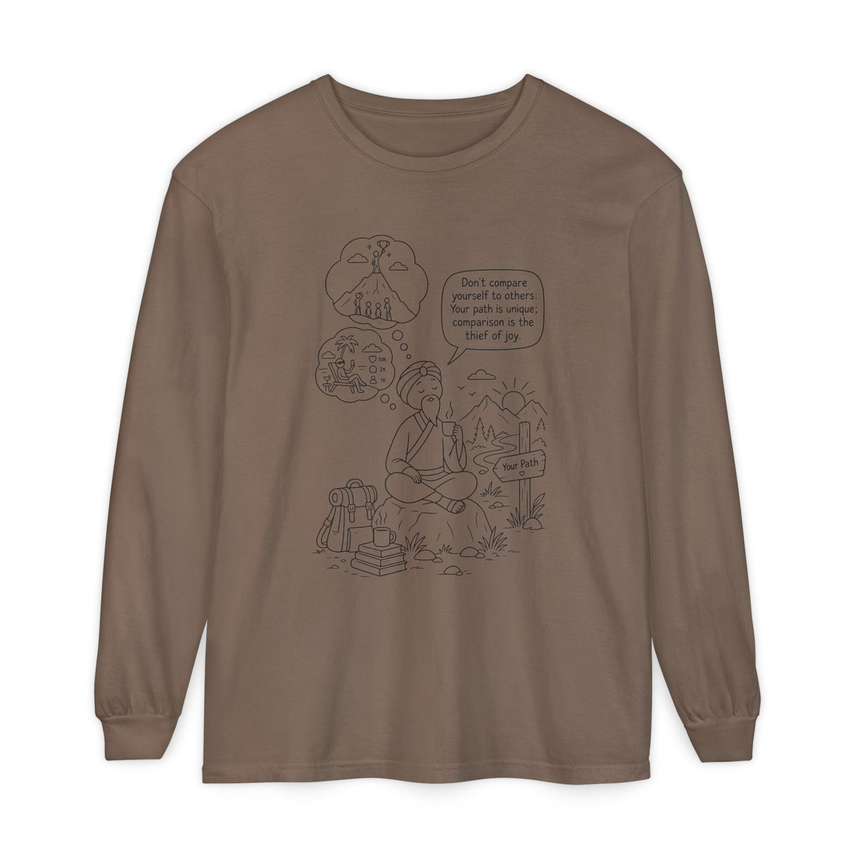 Hiker Comic Long Sleeve Tee — "Don’t Compare Yourself" Inspirational Outdoor Shirt