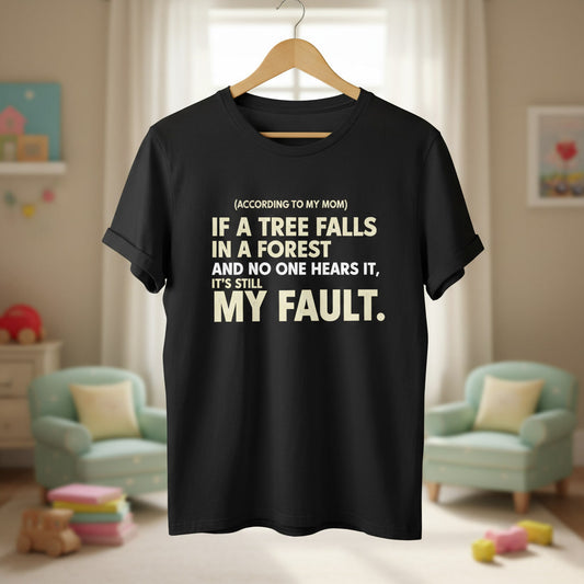 Funny Statement T-Shirt — “(According to My Mom) If a Tree Falls… It’s Still My Fault.”