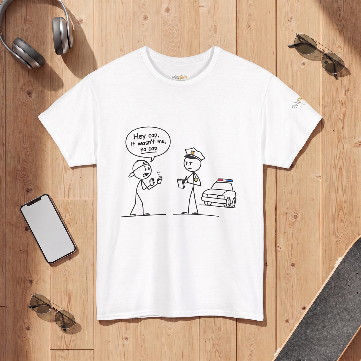 Funny "Hey Cop, It Wasn't Me, No Cap" Police Cartoon Tee