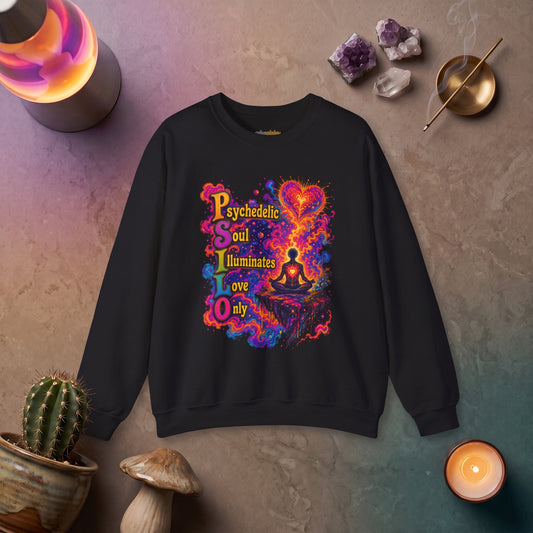 "PSILO - Psychedelic Soul Illuminates Love Only Crewneck Sweatshirt" — Retro Psychedelic Meditation Love Graphic