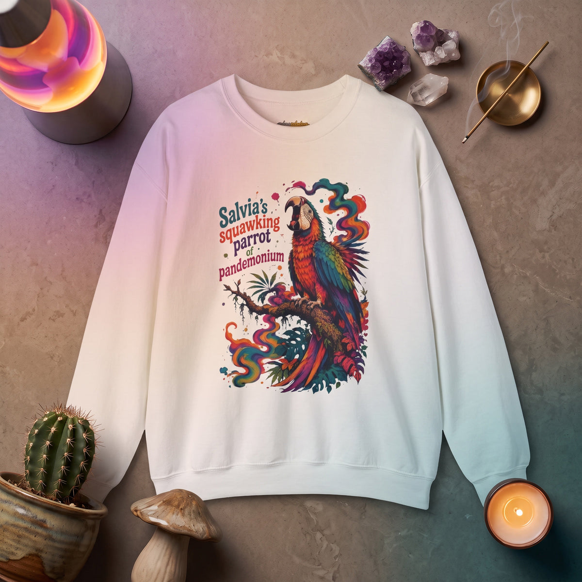 "Salvia's Squawking Parrot of Pandemonium" Colorful Graphic Psychedelic Crewneck Sweatshirt