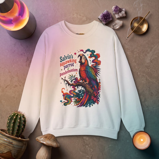 "Salvia's Squawking Parrot of Pandemonium" Colorful Graphic Psychedelic Crewneck Sweatshirt
