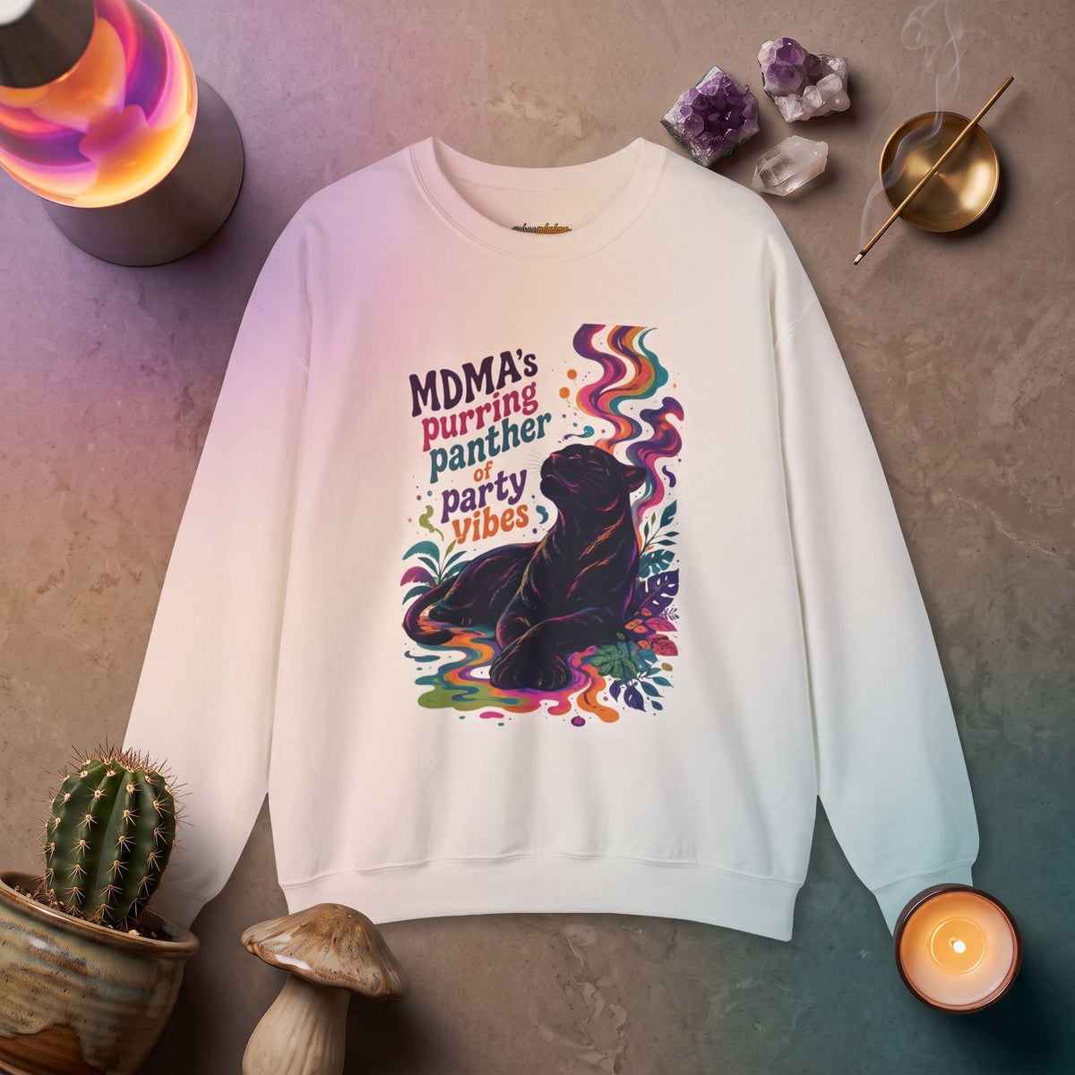 "MDMA's Purring Panther Party Vibes" - Psychedelic Black Panther Crewneck Sweatshirt
