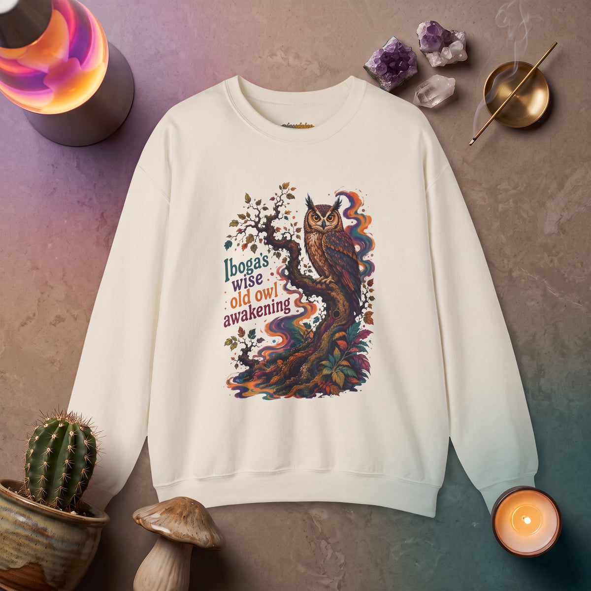"Ibogas wise old owl awakening" Psychedelic Retro Boho GraphicCrewneck Sweatshirt