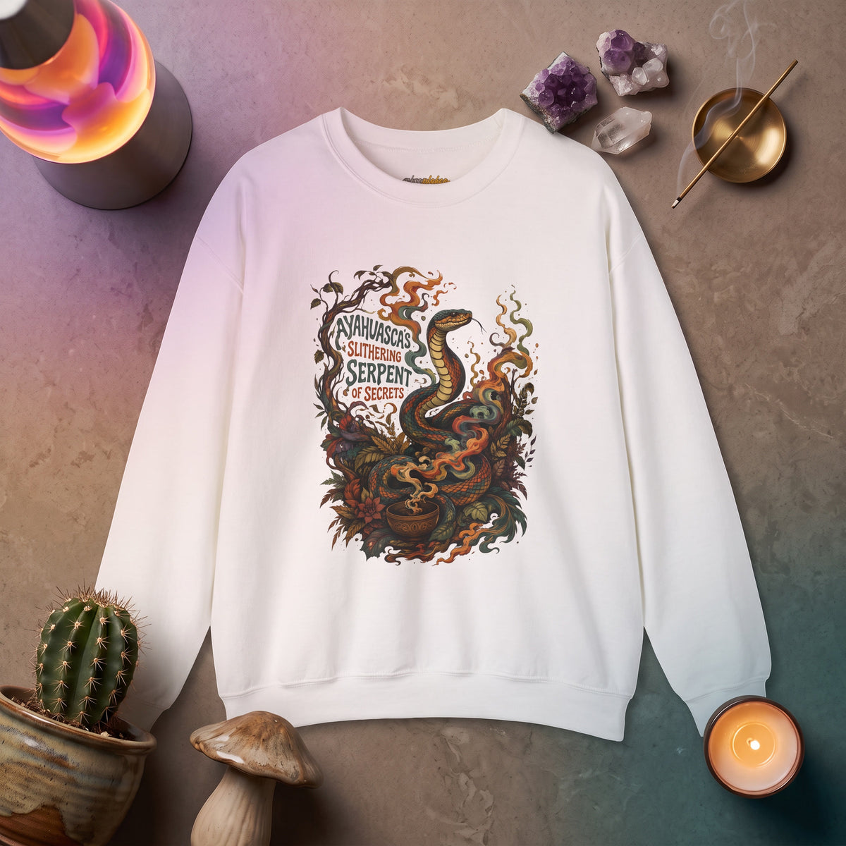 "Ayahuasca Slithering Serpent of Secrets" – Psychedelic Shamanic Snake Design Crewneck Sweatshirt