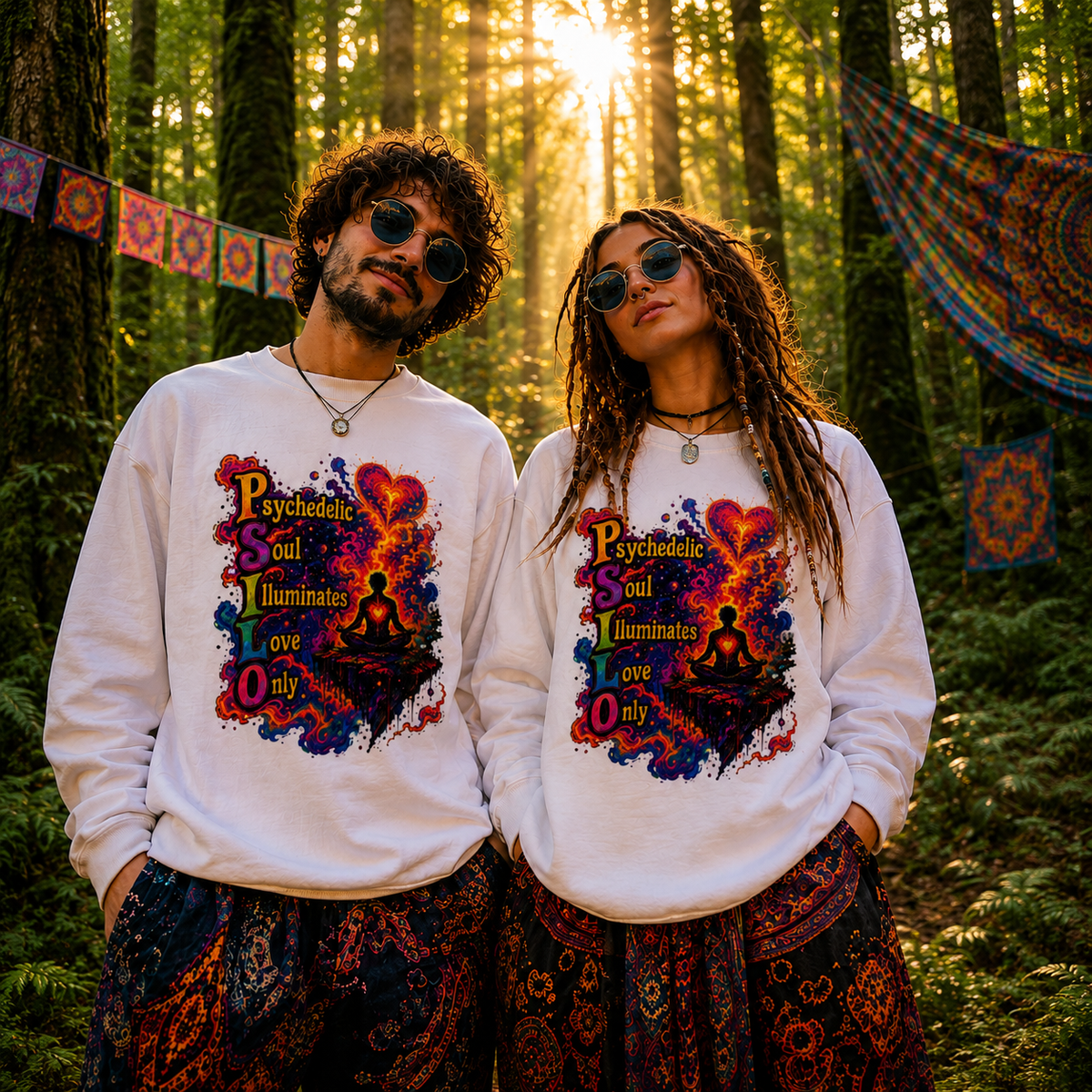 "PSILO - Psychedelic Soul Illuminates Love Only Crewneck Sweatshirt" — Retro Psychedelic Meditation Love Graphic