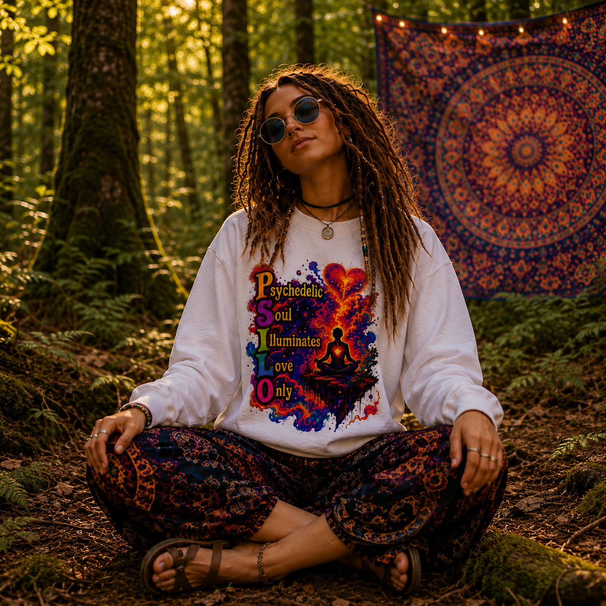 "PSILO - Psychedelic Soul Illuminates Love Only Crewneck Sweatshirt" — Retro Psychedelic Meditation Love Graphic