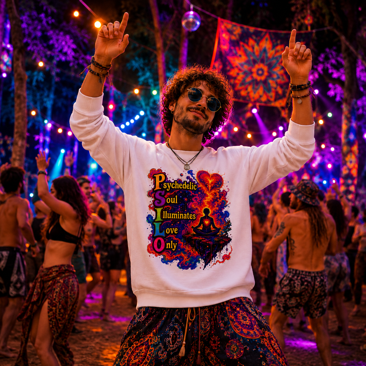 "PSILO - Psychedelic Soul Illuminates Love Only Crewneck Sweatshirt" — Retro Psychedelic Meditation Love Graphic