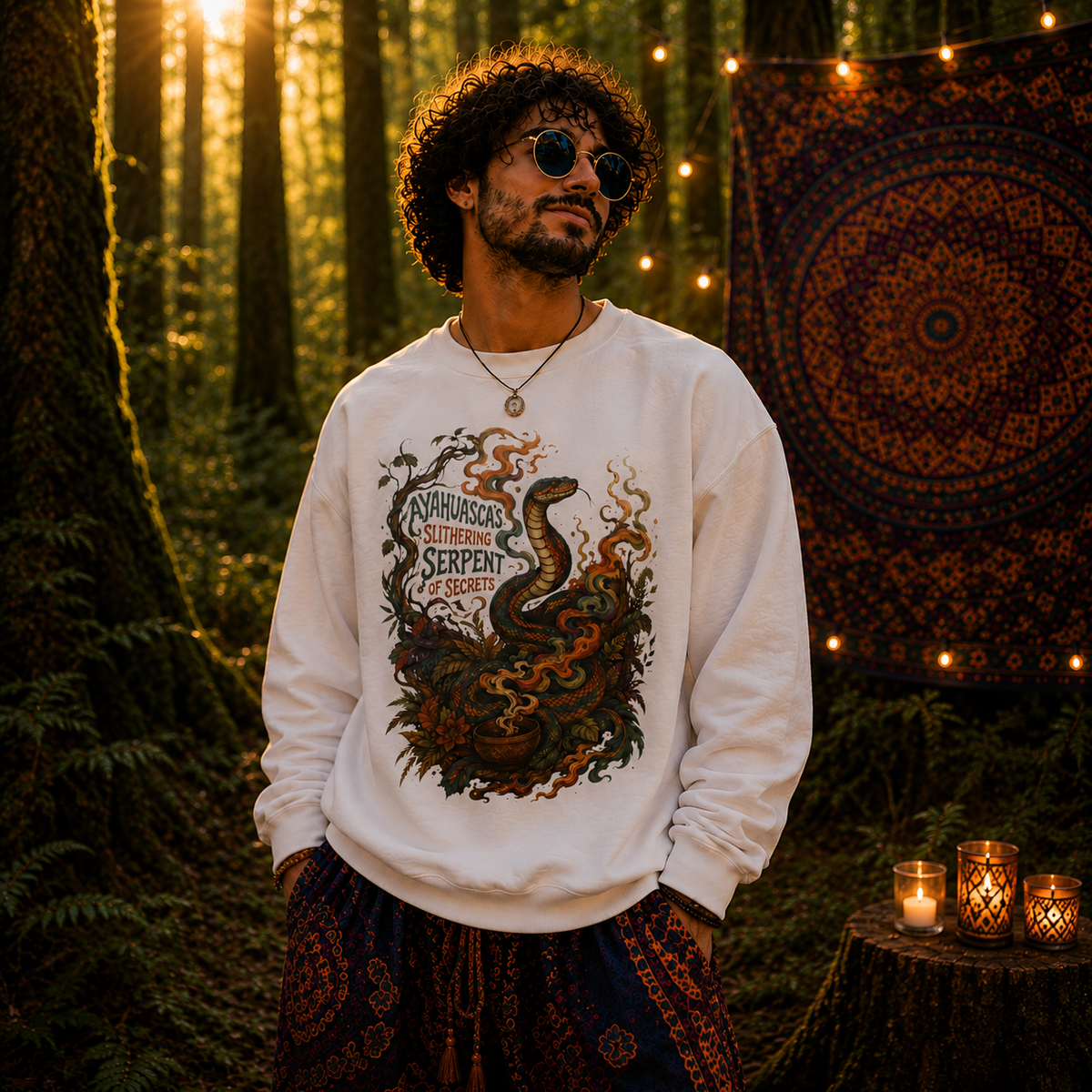 "Ayahuasca Slithering Serpent of Secrets" – Psychedelic Shamanic Snake Design Crewneck Sweatshirt