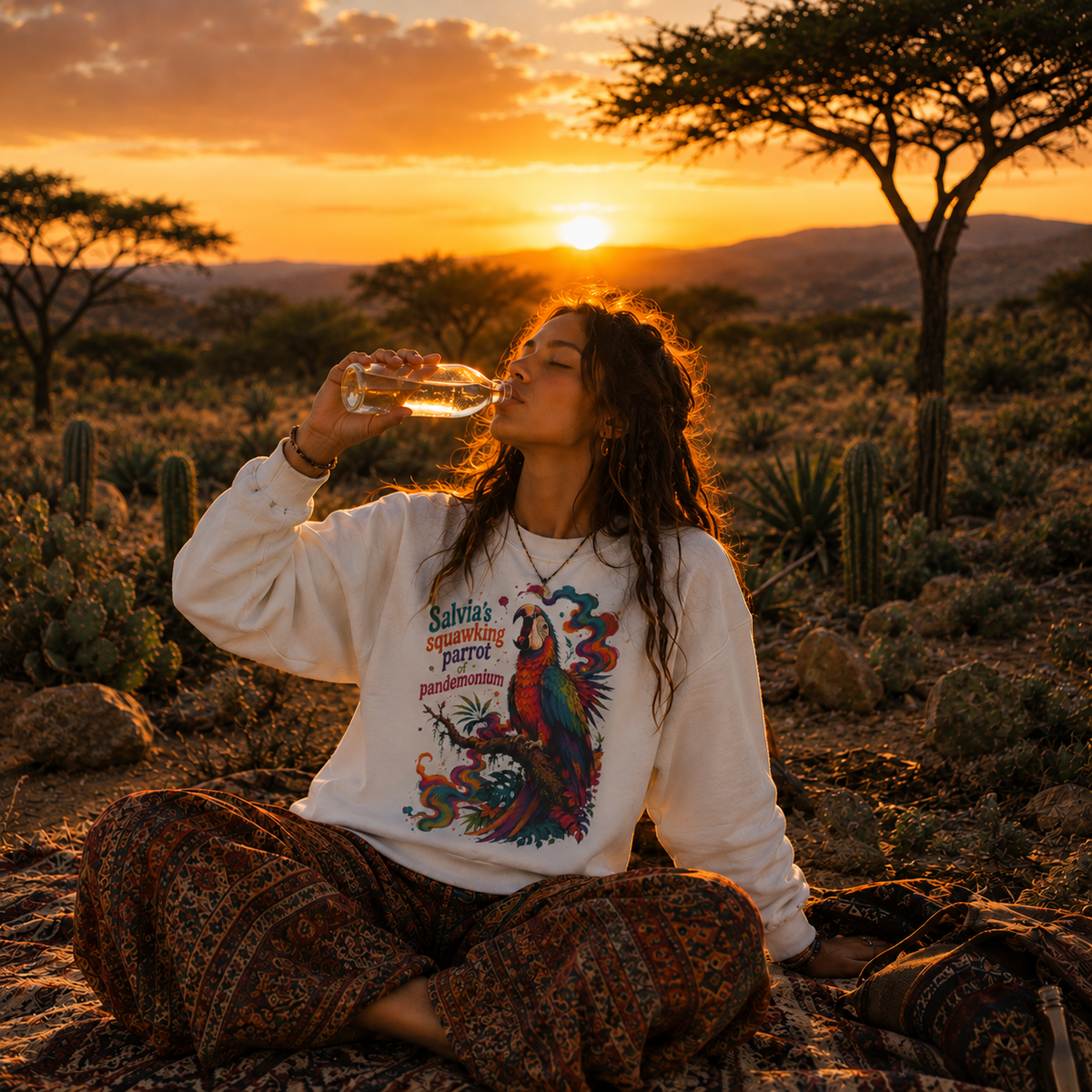 "Salvia's Squawking Parrot of Pandemonium" Colorful Graphic Psychedelic Crewneck Sweatshirt