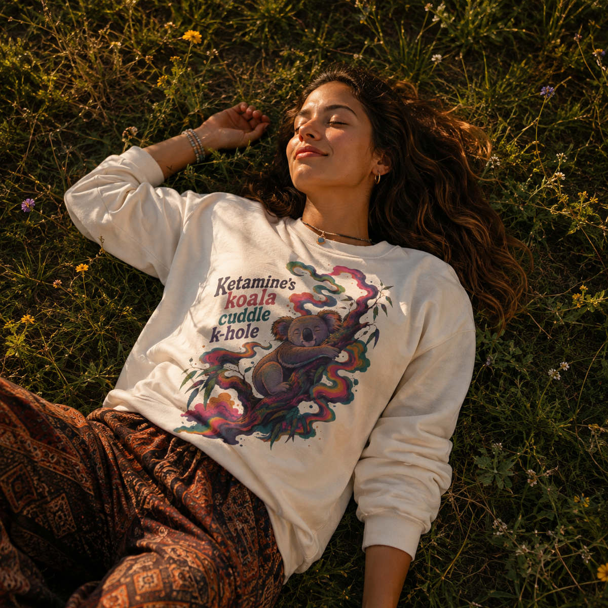 "Ketamine's Koala Cuddle K-Hole" Psychedelic Graphic Crewneck Sweatshirt