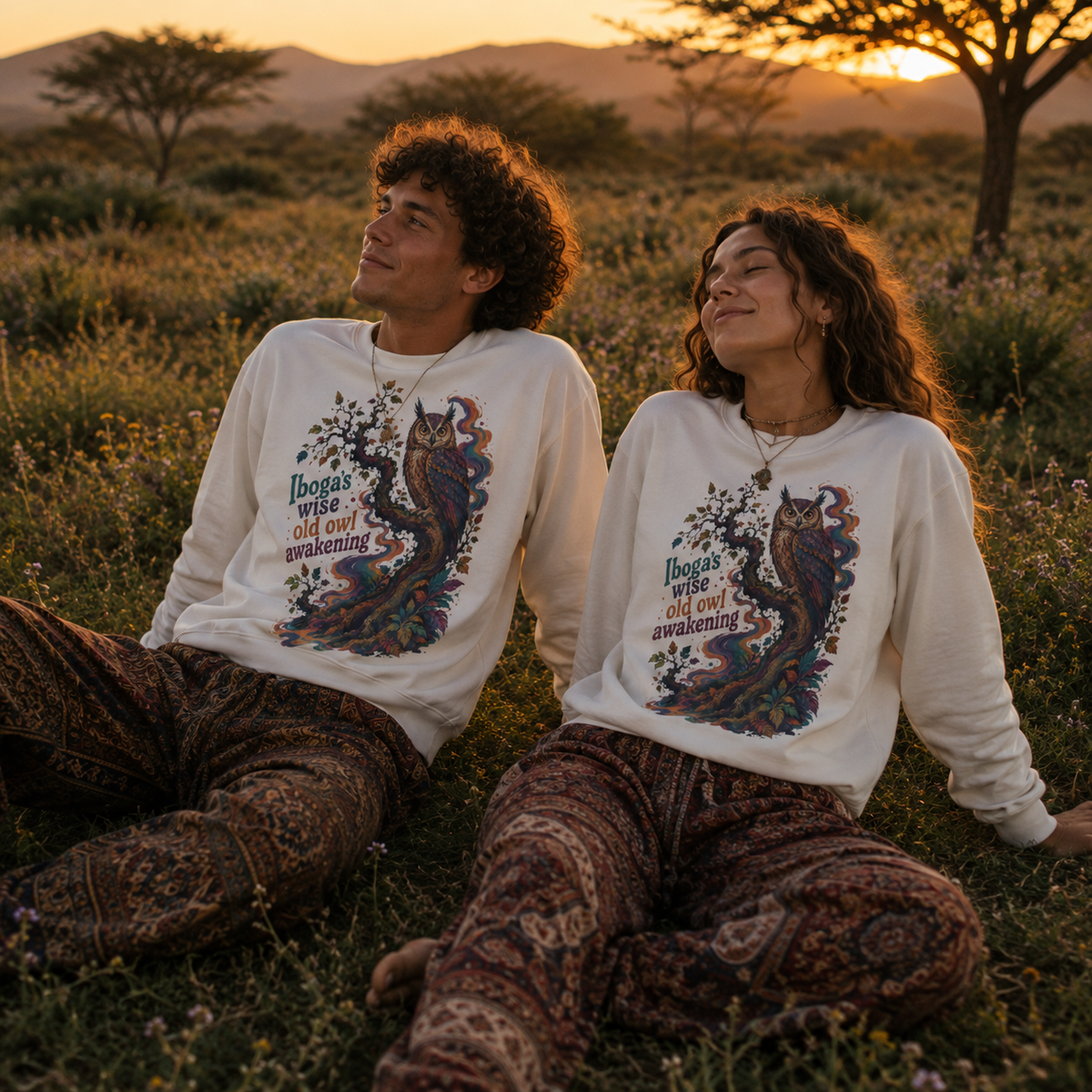"Ibogas wise old owl awakening" Psychedelic Retro Boho GraphicCrewneck Sweatshirt