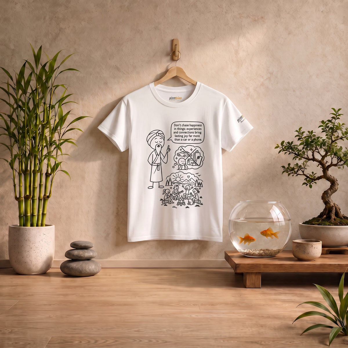 Mindful Graphic Tee – "Don't Chase Happiness in things" Illustration Shirt