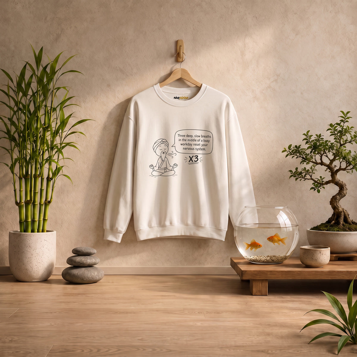 Cute Meditation Cartoon with Breathing Reminder "Three deep, slow breaths...) -Crewneck Sweatshirt