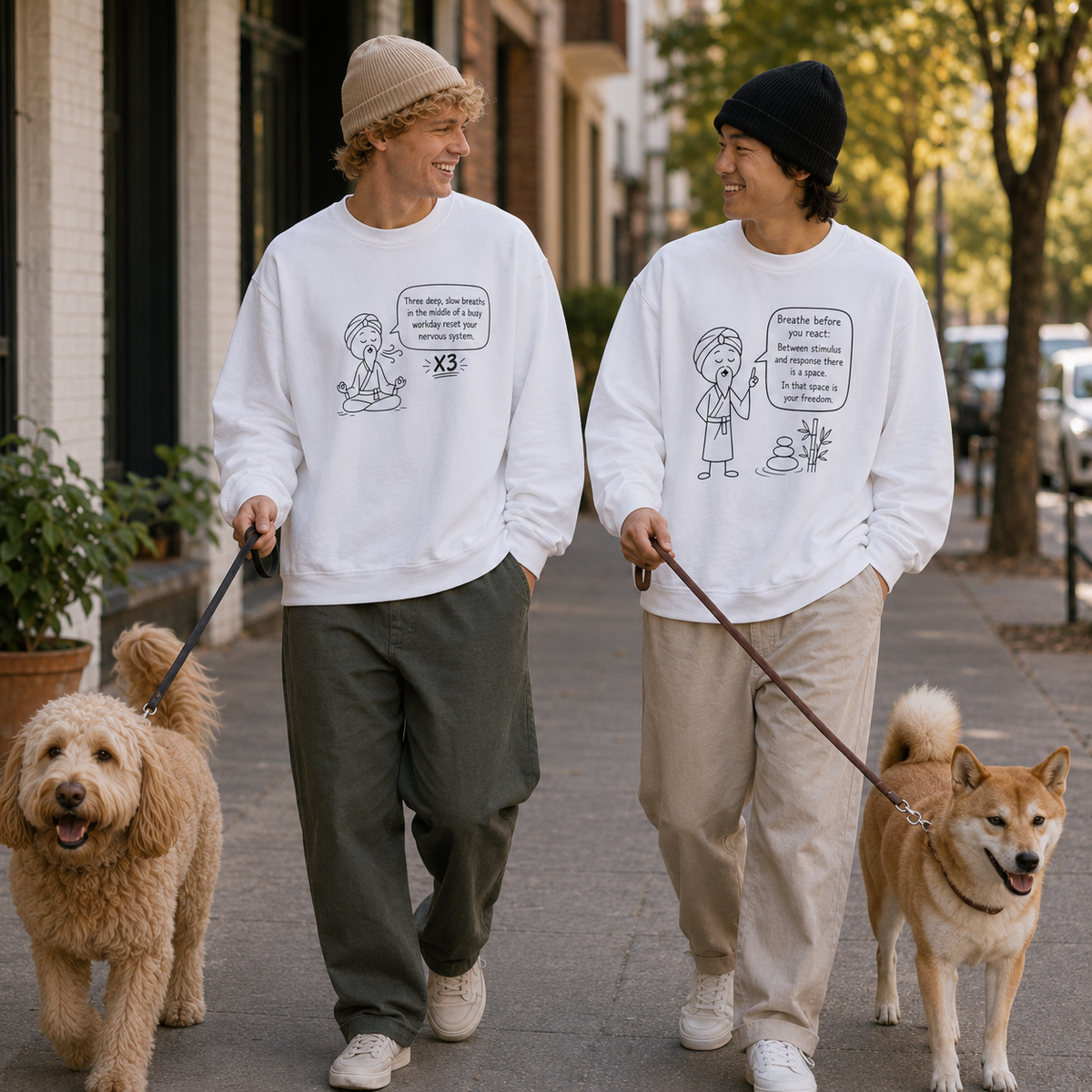 Cute Meditation Cartoon with Breathing Reminder "Three deep, slow breaths...) -Crewneck Sweatshirt