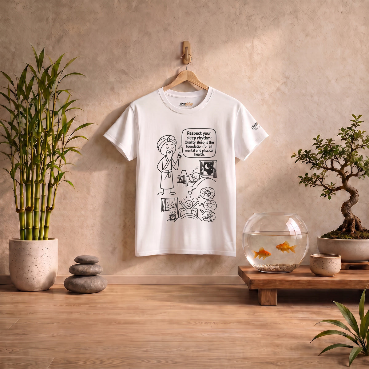 Yoga Philosophy Graphic Tee — "Respect Your Sleep Rhythm" Mindful Illustration T-Shirt