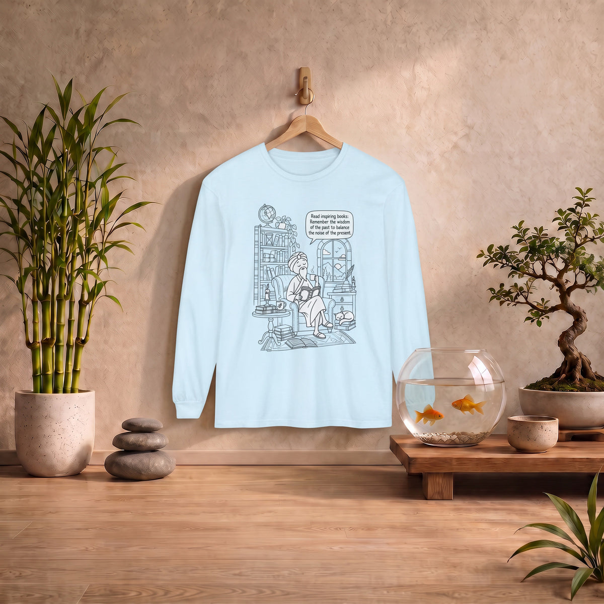 “Read inspiring books…” - Long Sleeve T‑Shirt — Cozy Reading Nook Design
