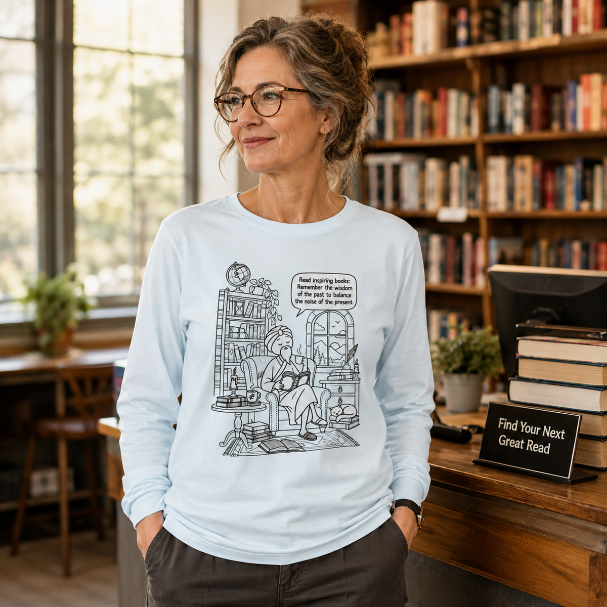 “Read inspiring books…” - Long Sleeve T‑Shirt — Cozy Reading Nook Design