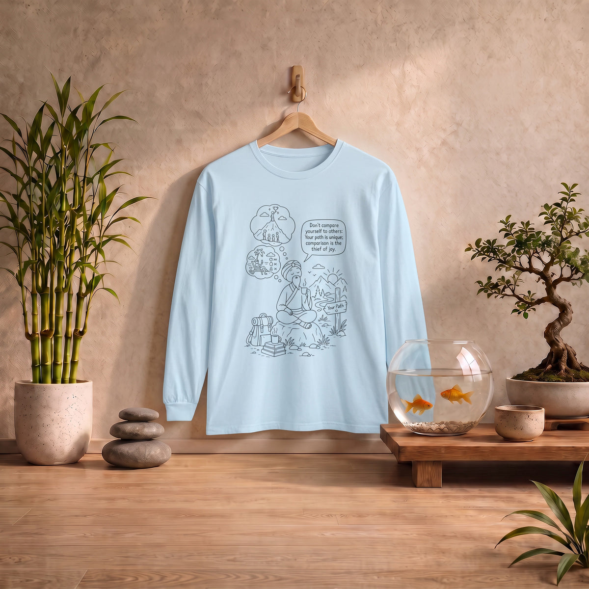 Hiker Comic Long Sleeve Tee — "Don’t Compare Yourself" Inspirational Outdoor Shirt