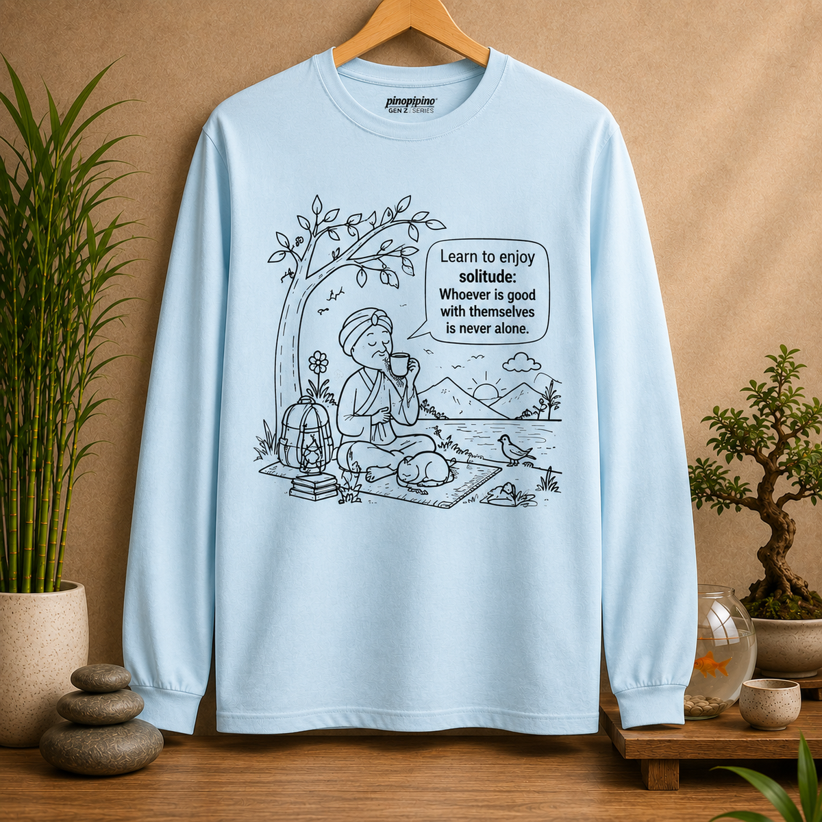 Long Sleeve T-Shirt — "Learn to Enjoy Solitude" Outdoor Meditation Graphic