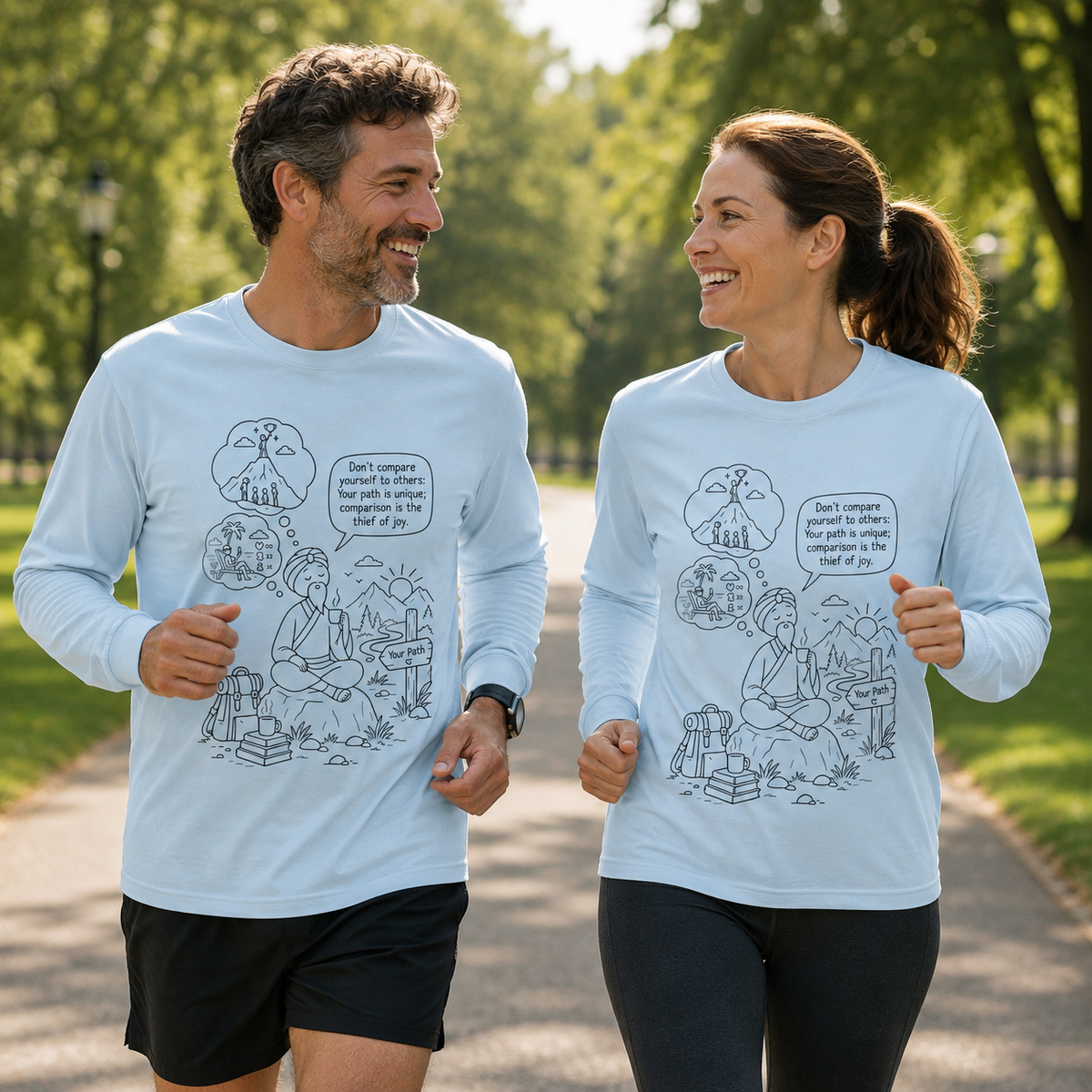 Hiker Comic Long Sleeve Tee — "Don’t Compare Yourself" Inspirational Outdoor Shirt