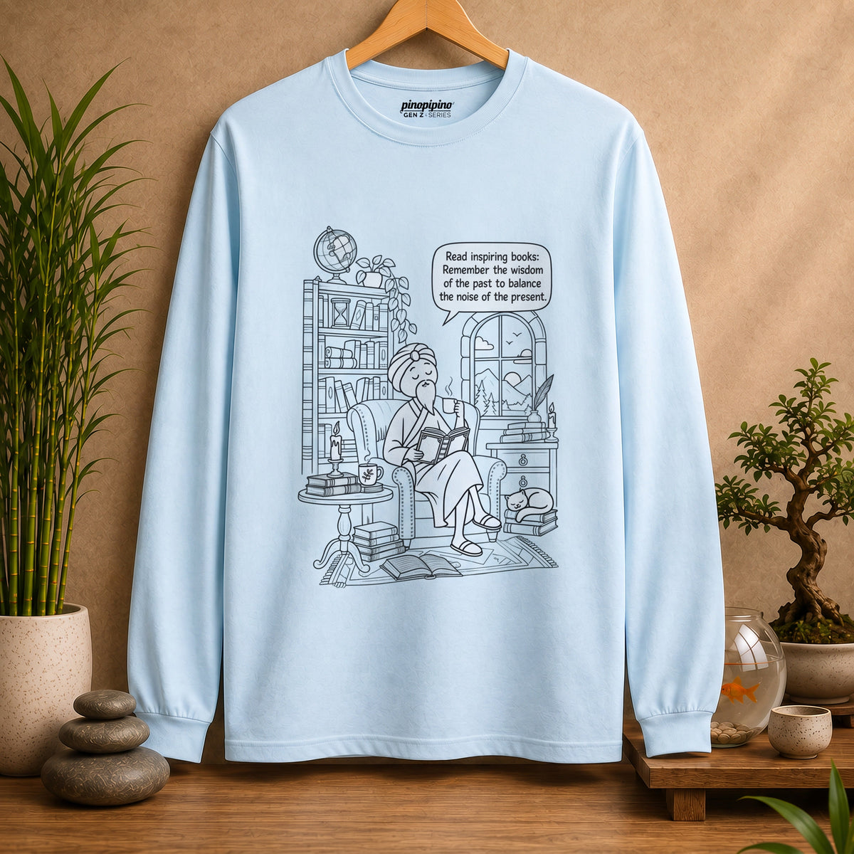 “Read inspiring books…” - Long Sleeve T‑Shirt — Cozy Reading Nook Design
