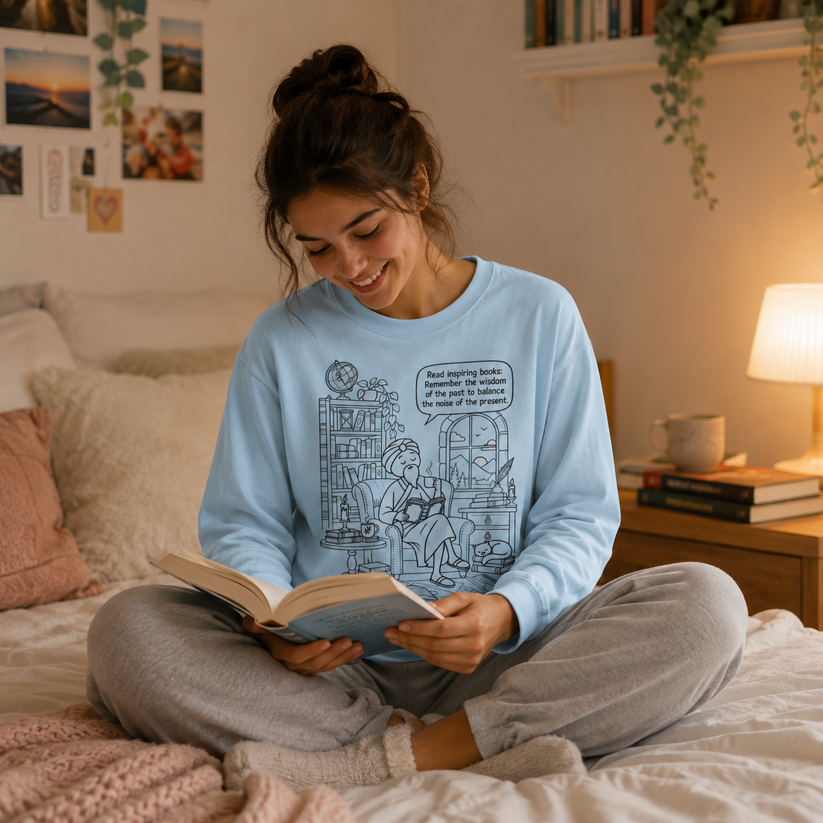 “Read inspiring books…” - Long Sleeve T‑Shirt — Cozy Reading Nook Design