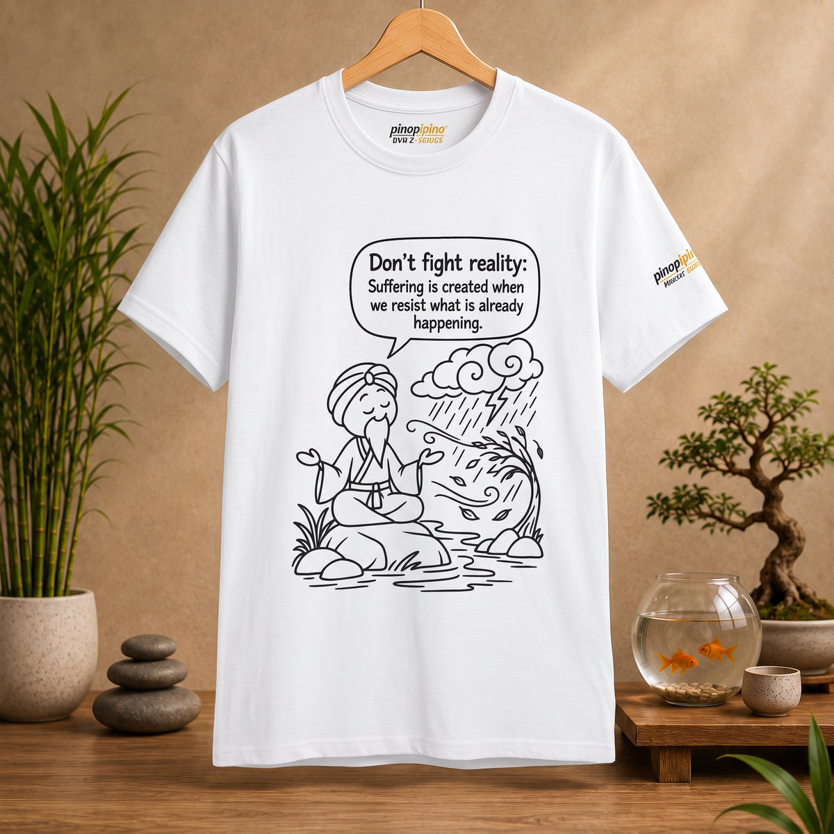 "Don't Fight Reality" Graphic T‑Shirt, Meditation Cartoon Tee