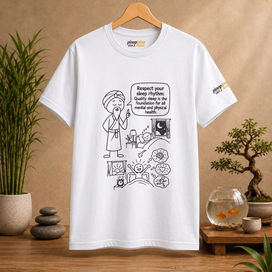Yoga Philosophy Graphic Tee — "Respect Your Sleep Rhythm" Mindful Illustration T-Shirt