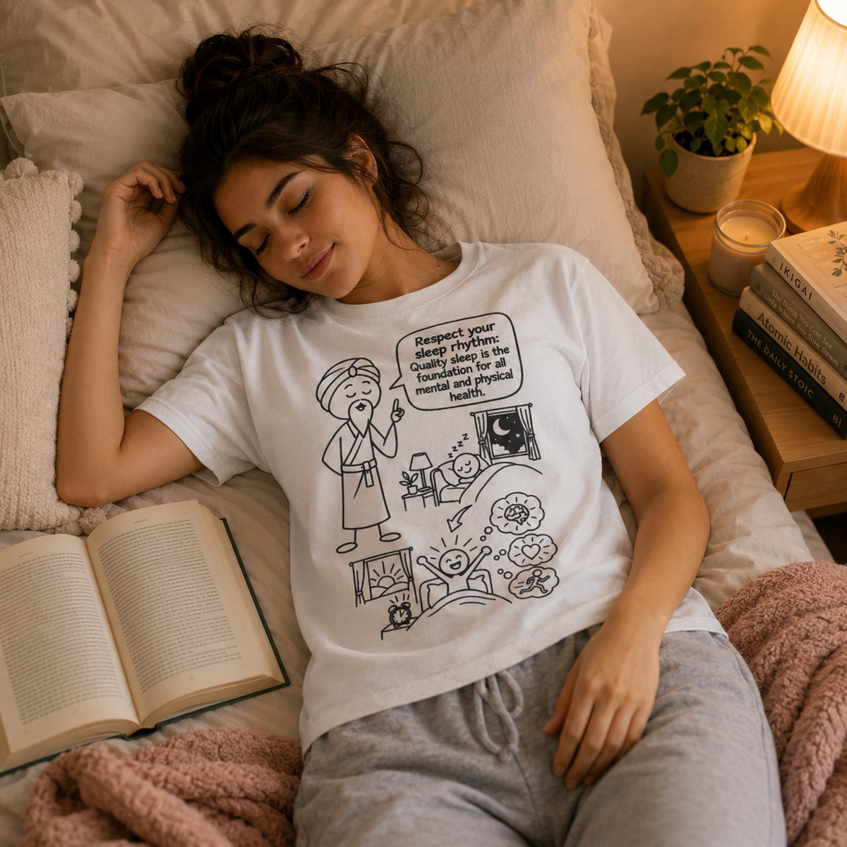 Yoga Philosophy Graphic Tee — "Respect Your Sleep Rhythm" Mindful Illustration T-Shirt