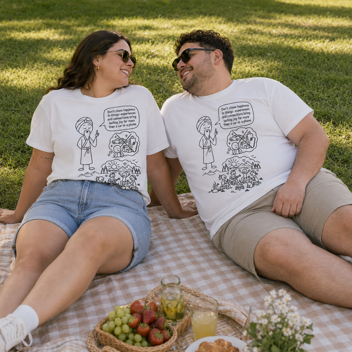 Mindful Graphic Tee – "Don't Chase Happiness in things" Illustration Shirt