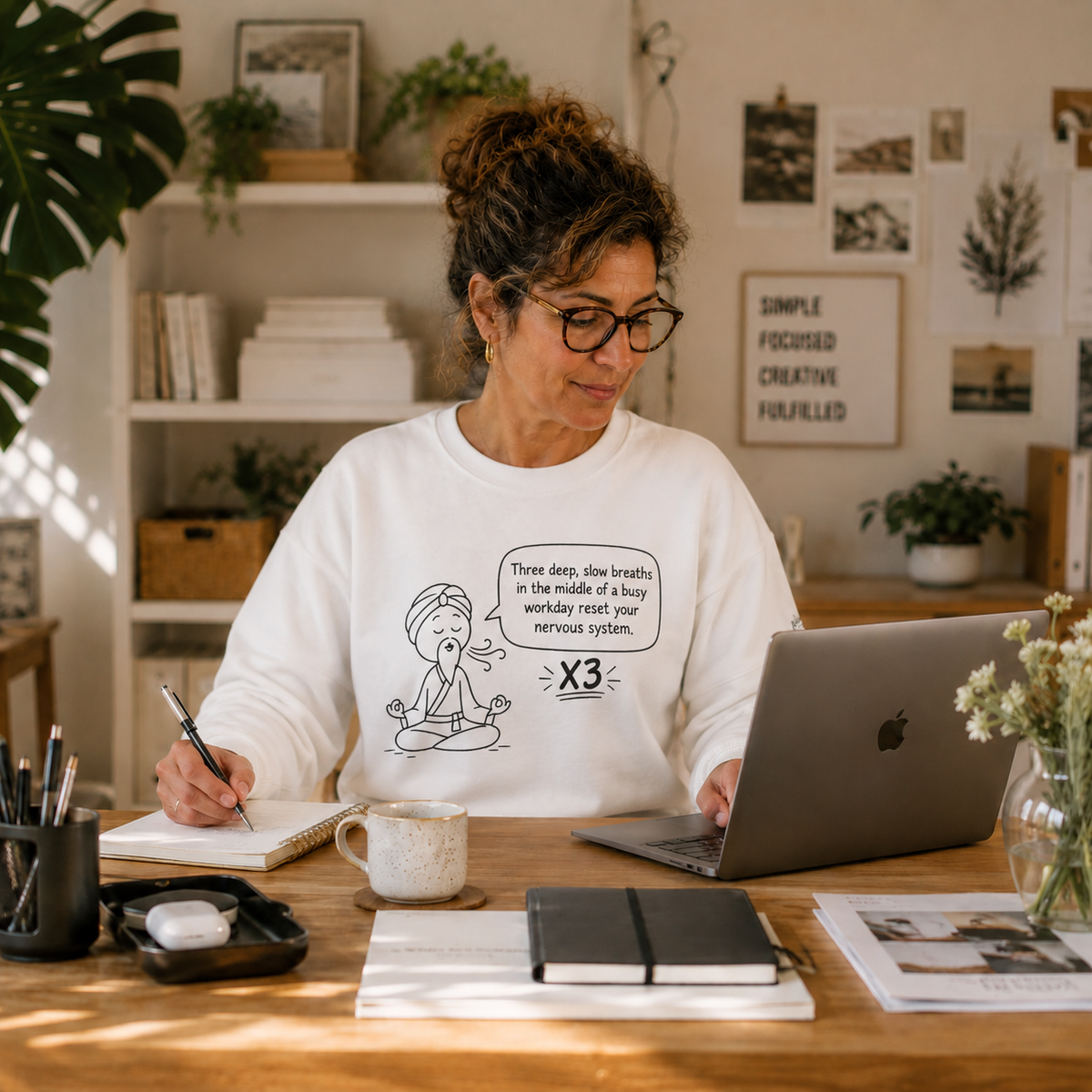 Cute Meditation Cartoon with Breathing Reminder "Three deep, slow breaths...) -Crewneck Sweatshirt