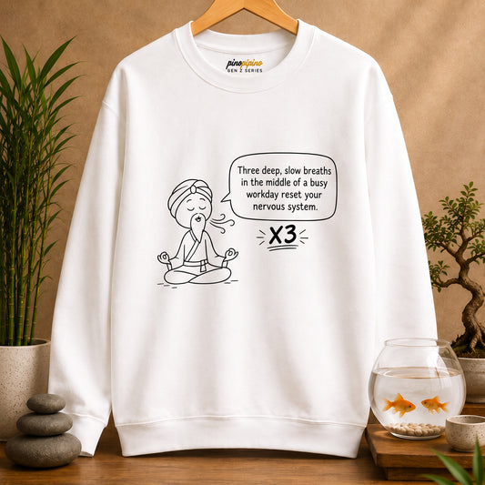 Cute Meditation Cartoon with Breathing Reminder "Three deep, slow breaths...) -Crewneck Sweatshirt