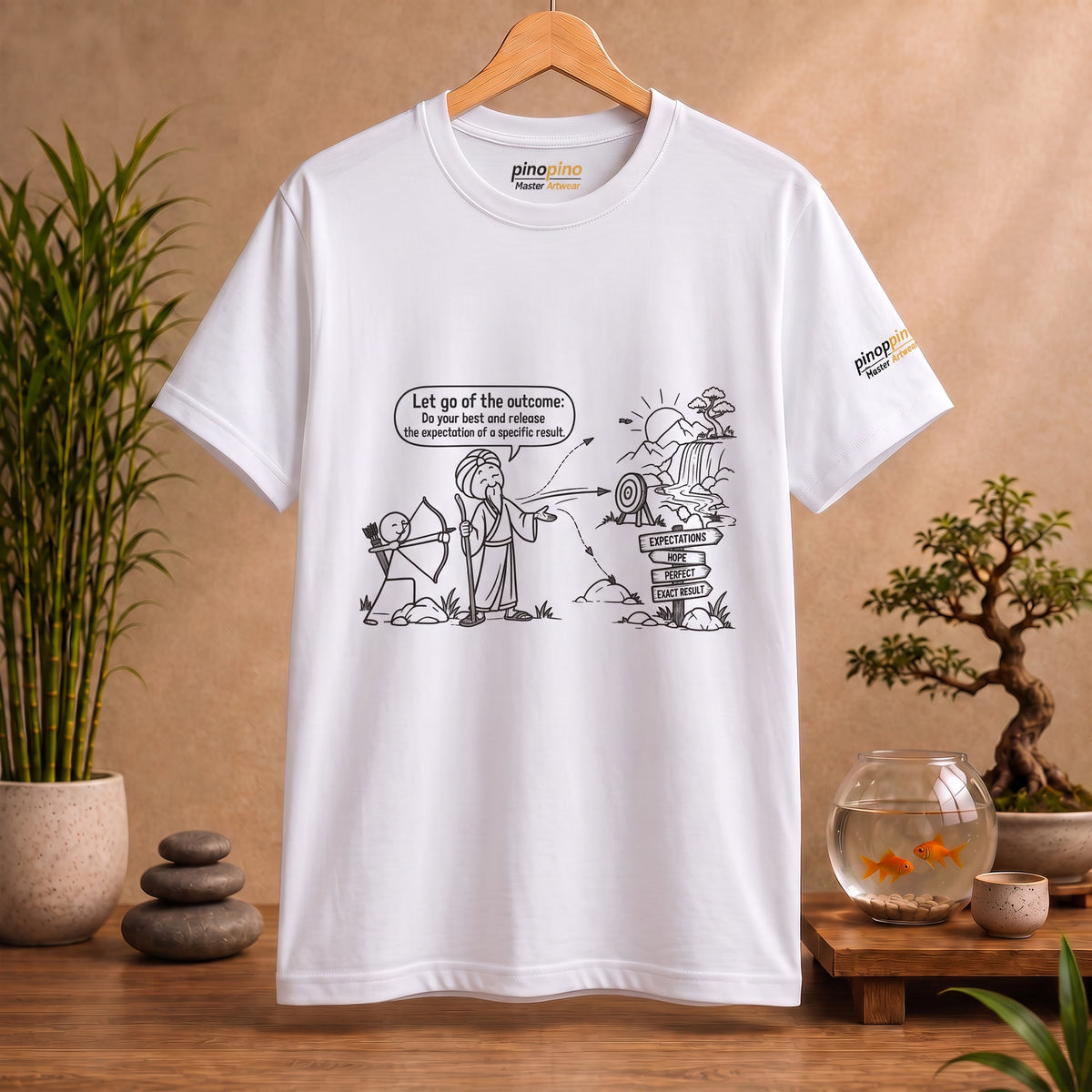 T-Shirt — Cartoon Zen Comic: "Let go of the outcome" Mindfulness Tee