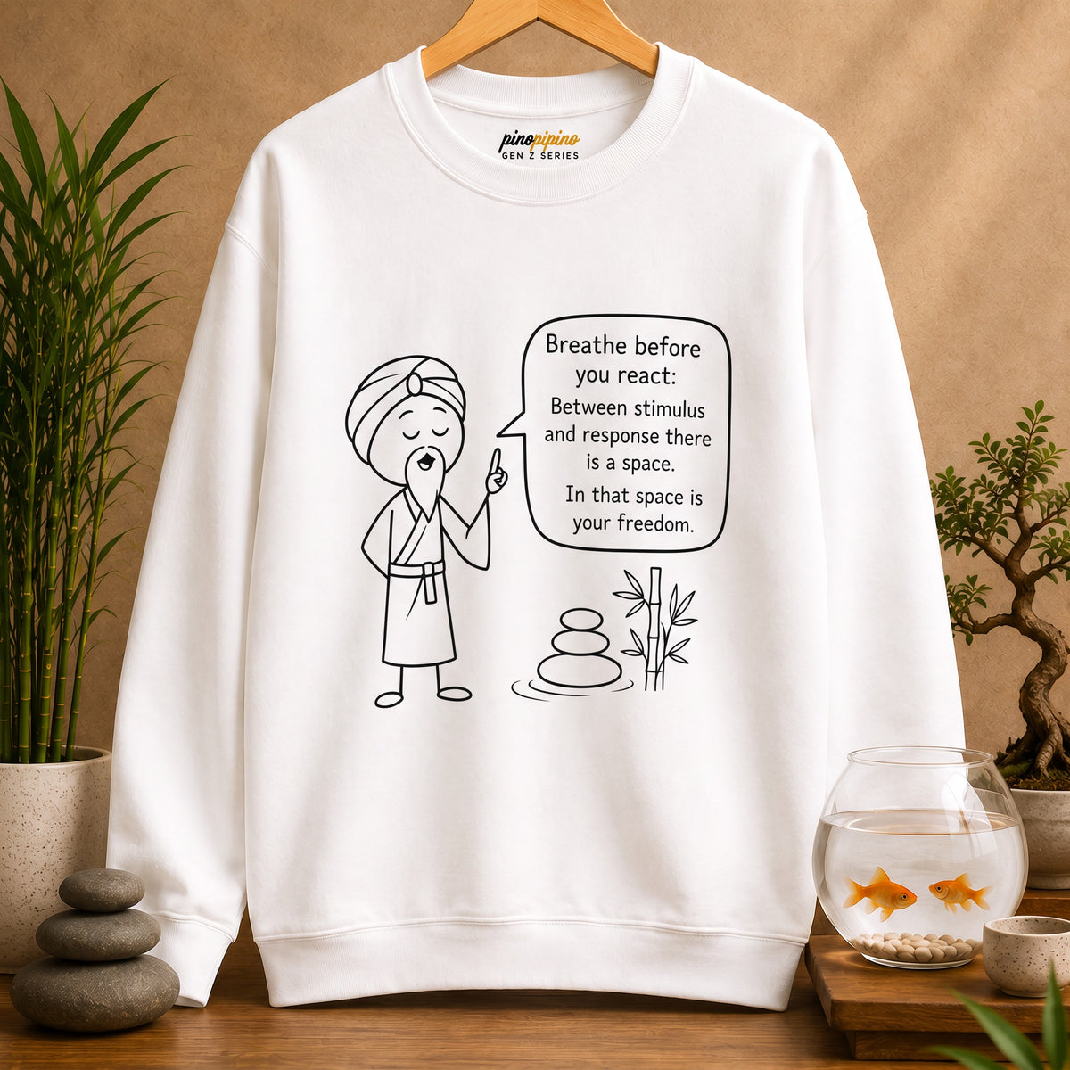 "Breathe before you react" Meditation Design - Mindful Crewneck Sweatshirt