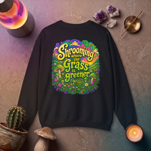 "Shrooming Where the Grass Is Greener" - Front Design Psychedelic Mushroom Long Sleeve T‑Shirt