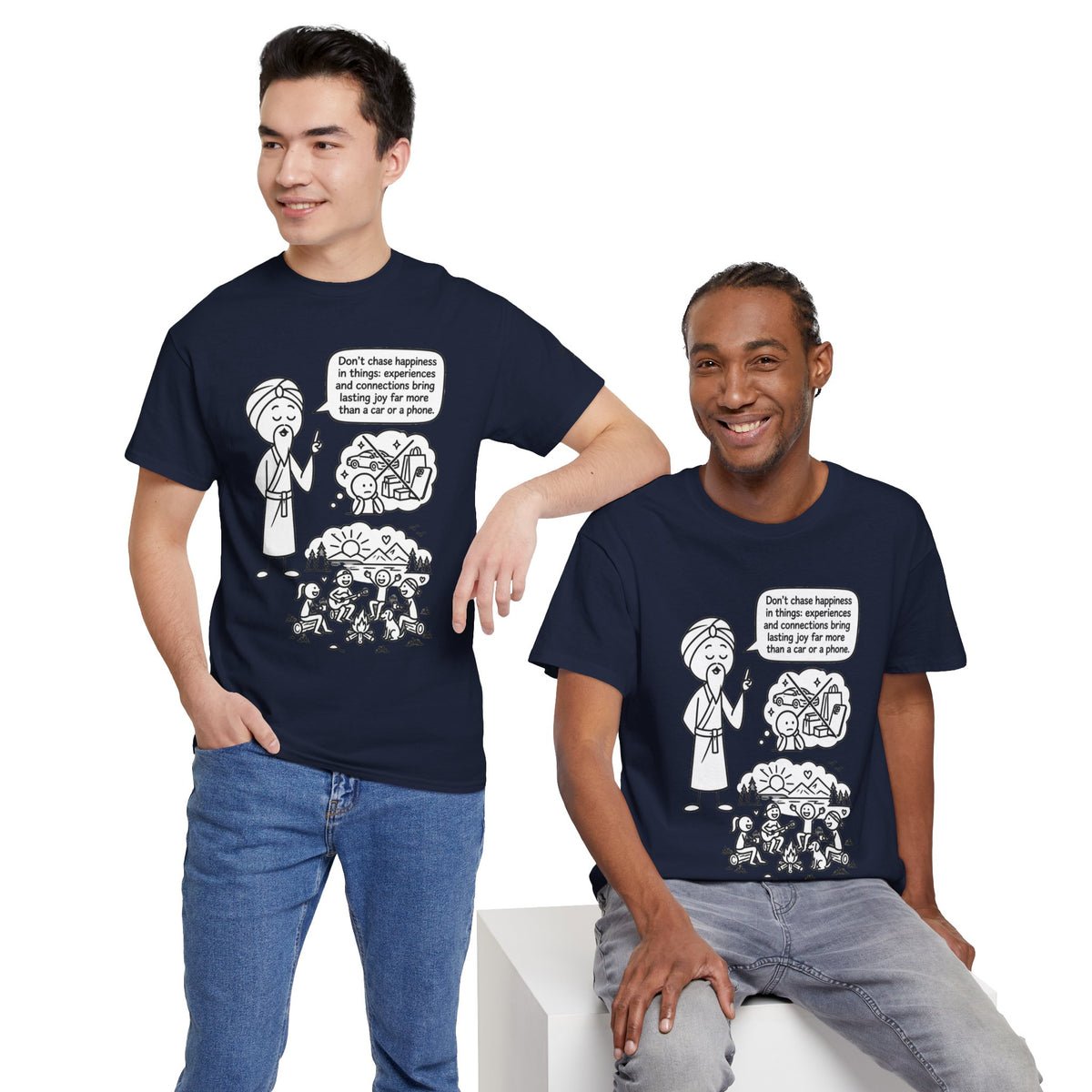 Mindful Graphic Tee – "Don't Chase Happiness in things" Illustration Shirt
