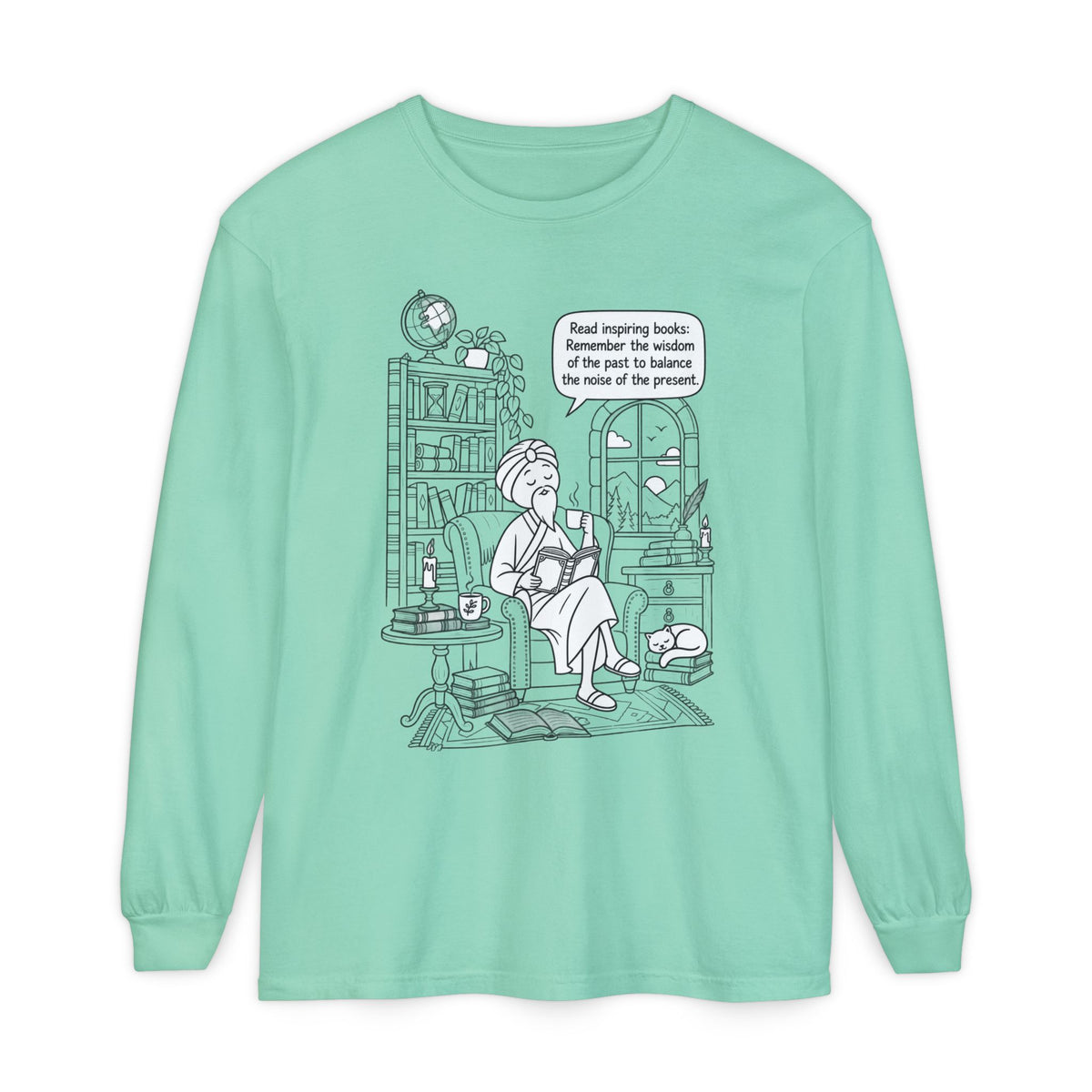 “Read inspiring books…” - Long Sleeve T‑Shirt — Cozy Reading Nook Design